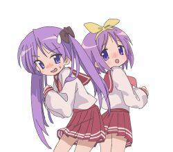 Rule 34 | 2girls, black bow, blush, bow, bow hairband, cosgaso, hair bow, hairband, highres, hiiragi kagami, hiiragi tsukasa, long hair, long sleeves, looking at viewer, lucky star, multiple girls, open mouth, pleated skirt, purple eyes, purple hair, red sailor collar, red skirt, sailor collar, school uniform, serafuku, short hair, siblings, simple background, sisters, skirt, smile, sweatdrop, twintails, white background, white serafuku, yellow bow