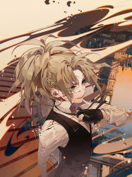 Rule 34 | 1girl, arm up, artist name, black gloves, black vest, blood, braid, city, clock, clock tower, collared shirt, copyright name, elizabeth tower, fate/apocrypha, fate (series), formal, french braid, from side, gloves, green eyes, kawacy, landmark, london, long hair, long sleeves, mordred (fate), mordred (fate/apocrypha), parted lips, ponytail, railing, shirt, smile, solo, stairs, suit, surreal, tower, tsurime, upper body, v-shaped eyebrows, vest, white shirt
