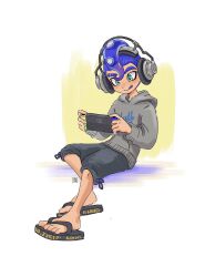 Rule 34 | 1boy, aqua eyes, black shorts, blue hair, commentary, commission, english commentary, eyebrow cut, full body, grey hoodie, headphones, highres, hood, hoodie, mohawk, nintendo, nintendo switch, octoling, octoling boy, octoling player character, sandals, seatha, short hair, shorts, simple background, solo, splatoon (series), tongue, tongue out, white background, yellow background