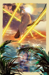 Rule 34 | 1boy, androgynous, branch, cloud, cloudy sky, enkidu (fate), enkidu (weapon) (fate), fate/grand order, fate/strange fake, fate (series), full body, gilgamesh, gilgamesh (caster) (fate), gilgamesh (fate), green eyes, green hair, head tilt, highres, leaning to the side, long hair, looking at viewer, male focus, reflection, ren (rendrrr), robe, sky, smile, solo, sun, throne, water