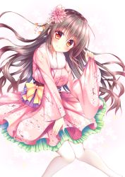 Rule 34 | 1girl, blush, brown eyes, brown hair, cherry blossom print, closed mouth, commentary request, fingernails, floral print, flower, fur collar, hair between eyes, hair flower, hair ornament, head tilt, japanese clothes, kimono, knees together feet apart, long hair, long sleeves, looking at viewer, nail polish, original, pantyhose, pinching sleeves, pink flower, pink kimono, pink nails, print kimono, smile, solo, suzukawa yui, v-shaped eyebrows, very long hair, white pantyhose, wide sleeves