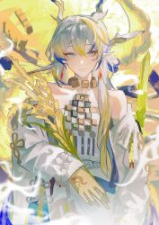 Rule 34 | 1girl, absurdres, arknights, bare shoulders, bead bracelet, beads, blue eyes, blue hair, bracelet, chinese commentary, choker, closed mouth, colored skin, colored tips, commentary request, dragon girl, dragon horns, earrings, green hair, grey hair, hair between eyes, hair ornament, hair stick, highres, holding, holding plant, horns, jacket, jewelry, long hair, long sleeves, looking at viewer, multicolored hair, nastya23543, off shoulder, plant, pointy ears, shirt, shu (arknights), smoke, solo, strapless, strapless shirt, sword, tassel, tassel earrings, upper body, very long hair, weapon, white jacket, white shirt