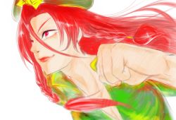 Rule 34 | 1girl, alternate eye color, bad id, bad pixiv id, beret, blurry, braid, clenched hand, close-up, depth of field, earrings, hair between eyes, hat, highres, hong meiling, jewelry, lipstick, long hair, makeup, pink eyes, red eyes, red hair, red lips, side braid, slit pupils, solo, touhou, twin braids, wakusei don-chan, white background