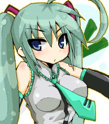 Rule 34 | bad id, bad pixiv id, blue eyes, blush, detached sleeves, green hair, hatsune miku, lowres, metaru maccha, necktie, oekaki, twintails, vocaloid