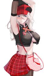 Rule 34 | 1girl, alisa ilinichina amiella, armpits, arms up, bare shoulders, black gloves, black pantyhose, black vest, blue eyes, blush, bracer, breasts, cabbie hat, closed mouth, commentary request, cowboy shot, crop top, cropped vest, elbow gloves, gloves, god eater, god eater burst, grey hair, hair between eyes, hat, highres, hyoshiki, large breasts, long hair, looking at viewer, mirror image, navel, nose blush, pantyhose, plaid, plaid headwear, plaid skirt, red hat, red skirt, sidelocks, simple background, single elbow glove, skirt, solo, standing, stomach, suspender skirt, suspenders, suspenders slip, underboob, vest, white background