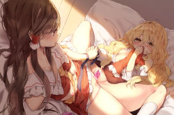 Rule 34 | 2girls, ascot, bar censor, bare shoulders, blonde hair, blush, bottomless, breasts, brown hair, censored, commentary, egg vibrator, female focus, frills, hair tubes, hakurei reimu, has uncensored version, holding hands, kirisame marisa, long hair, looking at another, lying, medium breasts, multiple girls, nipples, no headwear, on back, open clothes, pillow, piyokichi, red eyes, revision, sex toy, small breasts, smelling, socks, spread legs, touhou, tribadism, vibrator, white legwear, yellow ascot, yellow eyes, yuri