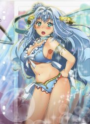 Rule 34 | 10s, 1girl, absurdres, aqua eyes, armpits, bare shoulders, bikini, blue eyes, blue hair, blush, breasts, bubble, cardfight!! vanguard, cleavage, flower, hair flower, hair ornament, highres, jewelry, kimura shigetaka, large breasts, long hair, looking at viewer, matching hair/eyes, navel, open mouth, ribbon, shangri-la star coral, sideboob, solo, sparkle, standing, swimsuit, underboob, very long hair