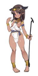 Rule 34 | 1girl, absurdres, anklet, armlet, bare shoulders, barefoot, black hairband, blush, bracelet, breasts, brown hair, closed mouth, collarbone, commentary request, dark-skinned female, dark skin, egyptian, egyptian clothes, full body, gold trim, hairband, hand up, harigane shinshi, highres, holding, jewelry, legs apart, looking at viewer, medium hair, necklace, nipples, original, pigeon-toed, pointy ears, purple eyes, see-through, shiny skin, sidelocks, simple background, sketch, sleeveless, small breasts, smile, solo, standing, thighs, white background, winged hairband