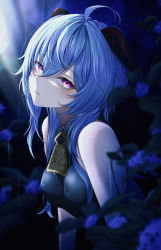 Rule 34 | 1girl, absurdres, ahoge, bare arms, bell, blue hair, blush, breasts, ganyu (genshin impact), genshin impact, highres, horns, long hair, looking at viewer, medium breasts, neck bell, night, nisikm, parted lips, purple eyes, sidelocks, sleeveless, solo, upper body