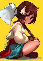 Rule 34 | 1girl, ajna (indivisible), axe, beads, bike shorts, blouse, brown eyes, brown hair, crossed legs, dark-skinned female, dark skin, from side, frown, hair ornament, highres, holding, holding weapon, indivisible, jewelry, looking at viewer, looking to the side, ng (kimjae737), sandals, sash, shirt, short hair, sitting, skirt, solo, twitter username, weapon, yellow background