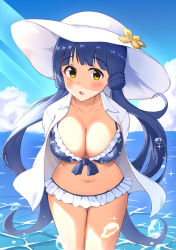 Rule 34 | 1girl, :o, arms behind back, bikini, blue bikini, blue hair, blue sky, blunt bangs, blush, breasts, cleavage, cloud, collarbone, collared shirt, commentary, cowboy shot, day, flower, flower hat, frilled bikini, frills, front-tie bikini top, front-tie top, groin, hat, highres, horizon, idolmaster, idolmaster million live!, karua (karua23), kitakami reika, large breasts, leaning forward, long hair, looking at viewer, low twintails, navel, ocean, open clothes, open shirt, outdoors, parted lips, shade, shirt, sky, solo, sparkle, standing, stomach, sun hat, sunlight, swimsuit, thigh gap, twintails, very long hair, water drop, white hat, white shirt, yellow eyes, yellow flower