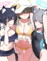 Rule 34 | 3girls, absurdres, adjusting hair, animal ear fluff, animal ears, bare arms, bare legs, bare shoulders, bikini, black bikini, black hair, black one-piece swimsuit, blue archive, blue eyes, blue halo, blush, breasts, cat ears, cleavage, closed mouth, collarbone, competition swimsuit, csham, extra ears, frilled bikini, frills, front-tie bikini top, front-tie top, green eyes, green halo, grey hair, groin, halo, hat, highres, jacket, large breasts, light brown hair, long hair, long sleeves, looking at viewer, medium breasts, medium hair, multiple girls, navel, nonomi (blue archive), nonomi (swimsuit) (blue archive), official alternate costume, one-piece swimsuit, open clothes, open jacket, open mouth, pink halo, red eyes, see-through, see-through jacket, see-through sleeves, serika (blue archive), serika (swimsuit) (blue archive), shiroko (blue archive), shiroko (swimsuit) (blue archive), side-tie bikini bottom, small breasts, smile, swimsuit, twintails, white hat, wolf ears, yellow bikini