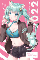 Rule 34 | 1girl, 2022, animal, animal ear fluff, animal ears, aqua hair, text background, bare shoulders, black jacket, black shorts, blue eyes, blue nails, breasts, chinese zodiac, cleavage, collarbone, commentary request, food, hair ornament, hairclip, happy new year, highres, holding, holding food, ice cream, ice cream cone, jacket, kohinata hoshimi, lightning bolt symbol, long hair, long sleeves, medium breasts, nail polish, navel, new year, open clothes, open jacket, original, pink background, puffy long sleeves, puffy sleeves, short shorts, shorts, sleeves past wrists, solo, striped tail, tail, tiger, tiger ears, tiger girl, tiger hair ornament, tiger tail, twintails, year of the tiger