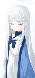 Rule 34 | 1girl, absurdres, blue archive, blue bow, blue bowtie, blue shirt, bow, bowtie, cobe, commentary, flower, grey hair, hair flower, hair ornament, halo, haori, highres, japanese clothes, long hair, looking to the side, nagusa (blue archive), parted bangs, pleated skirt, school uniform, serafuku, shirt, sidelocks, simple background, skirt, solo, straight hair, very long hair, white background, white serafuku