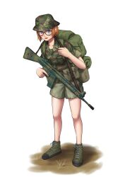 Rule 34 | backpack, bag, battle rifle, black-framed eyewear, blue eyes, boonie hat, camouflage, camouflage headwear, camouflage shirt, collarbone, commentary, english commentary, full body, glasses, green bag, green footwear, green headwear, green shirt, green shorts, gun, h&amp;k g3, hat, highres, holding, holding gun, holding weapon, leaning forward, legs, load bearing equipment, looking at viewer, mardjan, military, military hat, military uniform, multicolored clothes, multicolored headwear, multicolored shirt, open collar, open mouth, orange hair, original, pouch, rhodesia, rhodesian brushstroke, rhodesian light infantry, rifle, shirt, shoelaces, shoes, short hair, short shorts, shorts, sleeves rolled up, soldier, standing, string, t-shirt, trigger discipline, uniform, weapon