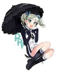 Rule 34 | 10s, 1girl, :d, aikatsu!, aikatsu! (series), aqua eyes, black gloves, blue ribbon, blunt bangs, boots, cosplay, drill hair, full body, gloves, group name, hair ribbon, holding, holding umbrella, humboldt penguin (kemono friends), humboldt penguin (kemono friends) (cosplay), jacket, jumping, kemono friends, legs up, long hair, long sleeves, looking at viewer, onbin ha, open mouth, parasol, penguins performance project (kemono friends), ribbon, simple background, smile, solo, tail, todo yurika, twin drills, twintails, umbrella, white background, white hair