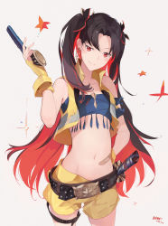 Rule 34 | 1girl, bare shoulders, belt, black hair, blush, breasts, closed mouth, commentary, fate/grand order, fate (series), gloves, gun, highres, holding, holding gun, holding weapon, ishtar (fate), jewelry, kodamazon, long hair, looking at viewer, multicolored hair, navel, parted bangs, red eyes, red hair, ribbon, shorts, small breasts, smile, solo, space ishtar (fate), space ishtar (second ascension) (fate), sword, two-tone hair, two side up, very long hair, vest, weapon