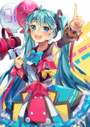 Rule 34 | 1girl, 39, :d, arm up, armpits, aryuma772, bag, balloon, black sleeves, blue bow, blue bowtie, blue eyes, blue hair, bow, bowtie, detached sleeves, frilled skirt, frills, grey sailor collar, hair between eyes, hatsune miku, highres, holding, index finger raised, layered skirt, long hair, long sleeves, magical mirai miku, magical mirai miku (2018), megaphone, open mouth, outstretched arm, pink bow, sailor collar, skirt, smile, solo, standing, twintails, very long hair, vocaloid, white bow, yellow bow