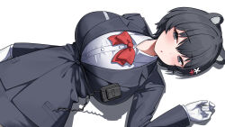 Rule 34 | 1girl, absurdres, animal ears, black hair, blazer, blue archive, blush, bow, bowtie, breasts, cowboy shot, dishui tangni, gloves, grey eyes, highres, huge breasts, jacket, large breasts, long sleeves, looking at viewer, office lady, official alternate costume, open mouth, pencil skirt, short hair, simple background, skirt, solo, tsubaki (blue archive), tsubaki (guide) (blue archive), uniform, walkie-talkie, white background, white gloves