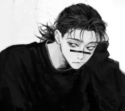 Rule 34 | 1boy, choso (jujutsu kaisen), closed mouth, facial tattoo, greyscale, head rest, jujutsu kaisen, long hair, long sleeves, looking away, low ponytail, male focus, monochrome, n9c4z, ponytail, shirt, sleeves past wrists, solo, tattoo, upper body
