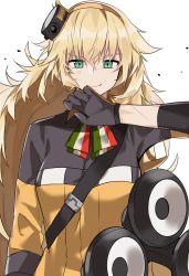 Rule 34 | 1girl, aogisa, bad id, bad pixiv id, black gloves, blonde hair, blush, bodysuit, breasts, closed mouth, girls&#039; frontline, gloves, green eyes, hair ornament, hand in mouth, highres, italian flag neckwear, jacket, long hair, looking at viewer, medium breasts, multicolored clothes, multicolored jacket, neck ribbon, ribbon, s.a.t.8 (girls&#039; frontline), scar, shield module, smile, solo, white background