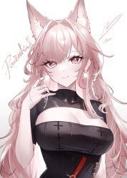 Rule 34 | 1girl, absurdres, animal ears, arknights, atsukii, breasts, character name, cleavage, commentary, earrings, eyelashes, hair intakes, hand up, highres, jewelry, large breasts, long hair, pink eyes, pink hair, pozyomka (arknights), short sleeves, solo, upper body, very long hair, wolf ears