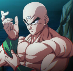 Rule 34 | 1boy, bald, black eyes, closed mouth, commentary request, dragon ball, dragonball z, male focus, muscular, muscular male, rom (20), solo, tenshinhan, third eye, topless male, upper body