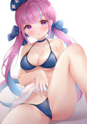Rule 34 | 1girl, ahoge, bare legs, bikini, blue bikini, blue hair, blunt bangs, blush, braid, breasts, cameltoe, choker, cleavage, collarbone, colored inner hair, commentary request, feet out of frame, hair ribbon, hololive, long hair, looking at viewer, medium breasts, minato aqua, multicolored hair, nikoo, open mouth, pink hair, purple eyes, purple hair, ribbon, sitting, solo, spread legs, streaked hair, swimsuit, thick thighs, thighs, twintails, two-tone hair, underboob, virtual youtuber