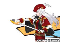 Rule 34 | 00s, 1girl, artist request, breasts, cloak, dungeon and fighter, earrings, female slayer (dungeon and fighter), gloves, hat, jewelry, long hair, profile, red eyes, sheath, simple background, slayer (dungeon and fighter), solo, sword, tagme, unsheathing, weapon, white hair