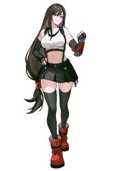 Rule 34 | 1girl, absurdres, black hair, black skirt, black thighhighs, boots, breasts, clenched hand, closed mouth, crop top, final fantasy, final fantasy vii, final fantasy vii remake, fingerless gloves, full body, gloves, hand on own hip, highres, large breasts, long hair, low-tied long hair, midriff, miniskirt, navel, red eyes, simple background, skirt, smile, stomach, suspender skirt, suspenders, tank top, thighhighs, tifa lockhart, very long hair, white background, white tank top, zeon (zzeeonn), zettai ryouiki
