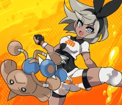 Rule 34 | 1girl, bea (pokemon), black bodysuit, black hairband, bodysuit, bodysuit under clothes, bow hairband, clenched hand, collared shirt, commentary request, creatures (company), dark-skinned female, dark skin, dynamax band, game freak, gen 2 pokemon, gloves, grey eyes, grey hair, guchurimu genrishugi, hair between eyes, hairband, highres, hitmontop, knee pads, looking at viewer, nintendo, open mouth, partially fingerless gloves, pokemon, pokemon (creature), pokemon swsh, print shirt, print shorts, shirt, short sleeves, shorts, teeth, tongue, upper teeth only, yellow background