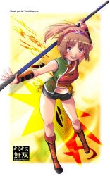 Rule 34 | 1girl, :d, boots, brown eyes, brown footwear, brown hair, cosplay, full body, milestone celebration, holding, holding weapon, kimi kiss, knee boots, looking at viewer, nyazui, open mouth, polearm, ponytail, rod, running, sakino asuka, shin sangoku musou, short shorts, shorts, smile, solo, staff, weapon
