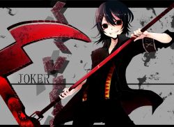 Rule 34 | 10s, 1boy, androgynous, black hair, grin, hair ornament, hairclip, holding, holding weapon, letterboxed, looking at viewer, loose necktie, loose shirt, male focus, necktie, aged up, red eyes, scythe, shirt, short hair, smile, solo, stitches, suzuya juuzou, suzuya juzo, tanemaki shirura, tokyo ghoul, tokyo ghoul:re, weapon