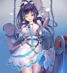 Rule 34 | 1girl, 3boys, black hair, blue background, blue eyes, blush, breasts, chain, cowboy shot, cure white, defeat, dress, earrings, faceless, faceless male, futari wa precure, grabbing, grabbing another&#039;s breast, gradient background, heart, heart earrings, high ponytail, highres, jewelry, large breasts, long hair, magical girl, molestation, monikano, multiple boys, one eye closed, precure, pussy juice, restrained, sweat, white dress