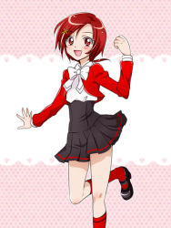 Rule 34 | 1girl, bow, color connection, cosplay, hino akane (smile precure!), kagami chihiro, kneehighs, magic knight rayearth, power connection, precure, red hair, red socks, ribbon, school uniform, shidou hikaru, shidou hikaru (cosplay), shoes, short hair, skirt, smile precure!, socks, solo