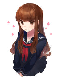 Rule 34 | 10s, 1girl, bad id, bad pixiv id, black sailor collar, black serafuku, blue serafuku, blunt bangs, blush, brown eyes, brown hair, fate/extra, fate/extra ccc, fate (series), flower, kishinami hakuno (female), kyuuri (yumi20010221), long hair, long sleeves, looking at viewer, neckerchief, own hands together, pleated skirt, red neckerchief, sailor collar, school uniform, serafuku, sidelocks, simple background, skirt, sleeves past wrists, solo, tareme, upper body, v arms, white background