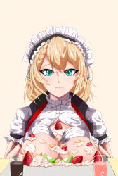 Rule 34 | 1girl, absurdres, blonde hair, blue eyes, breasts, cleavage, closed mouth, cream on breasts, g36 (girls&#039; frontline), girls&#039; frontline, gloves, hands on own breasts, highres, kepra iii, long hair, looking at viewer, maid, maid headdress, medium breasts, simple background, solo, white gloves
