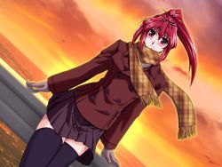 Rule 34 | 1girl, breed-island, dutch angle, game cg, long hair, misaki (breed-island), mutou keiji, non-web source, plaid, plaid scarf, ponytail, red eyes, red hair, scarf, sky, solo, sunset, thighhighs
