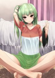 Rule 34 | alternate hairstyle, anchovy (girls und panzer), bare legs, bedroom, black ribbon, casual, girls und panzer, green hair, hair down, highres, holding, holding own hair, indian style, indoors, kakimoto nao, long hair, long shirt, red eyes, ribbon, sitting, tying hair