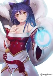 Rule 34 | 1girl, ahri (league of legends), animal ears, bad id, bad pixiv id, bare shoulders, blue hair, blush, breasts, cleavage, closed mouth, collarbone, detached sleeves, eyebrows, eyelashes, facial mark, fang, female focus, fox ears, fox tail, hair between eyes, hanato (seonoaiko), hand on own chest, korean clothes, large breasts, league of legends, light smile, lips, long hair, looking at viewer, magic, multiple tails, purple hair, simple background, slit pupils, smile, solo, tail, twitter username, whisker markings, white background, yellow eyes