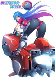 Rule 34 | 1girl, ass, bent over, blue hair, boots, breasts, burning force, c.r., commentary request, copyright name, elbow gloves, from behind, gloves, helmet, highres, hover bike, large breasts, leotard, long hair, looking at viewer, looking back, motorcycle helmet, one eye closed, open mouth, pink leotard, simple background, solo, tengenji hiromi, unworn headwear, unworn helmet, white background, white footwear, white gloves, yellow eyes