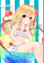 Rule 34 | 1girl, bare arms, bare legs, between legs, bikini, blonde hair, blush, bow, bubble, cherry, drinking straw, finger in own mouth, flandre scarlet, food, frilled bikini, frills, fruit, hair bow, hand up, highres, ice cream, karasusou nano, looking at viewer, pink eyes, red bow, side ponytail, sitting, solo, striped, striped background, swimsuit, touhou, vertical stripes, water, white bikini