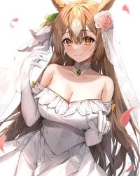 Rule 34 | 1girl, animal ears, bad id, bad twitter id, blush, breasts, brown eyes, brown hair, choker, cleavage, closed mouth, dress, elbow gloves, flower, gloves, hair flower, hair ornament, hair ribbon, highres, horse ears, horse girl, large breasts, long hair, looking at viewer, minttchocok, petals, red flower, red rose, ribbon, rose, satono diamond (umamusume), simple background, smile, solo, umamusume, wedding dress, white background, white choker, white dress, white gloves