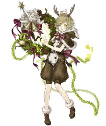 Rule 34 | 1boy, ahoge, animal costume, antlers, bell, belt, boots, capelet, chain, christmas, christmas ornaments, full body, fur trim, green eyes, green hair, grin, harp, horns, instrument, ji no, long nose, looking at viewer, male focus, official art, pinocchio (sinoalice), reindeer antlers, reindeer costume, ribbon, sinoalice, smile, solo, transparent background