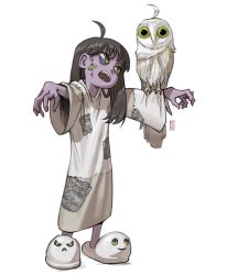 Rule 34 | 1girl, ahoge, animal on arm, artist name, bags under eyes, bandaid, bandaid on face, barn owl, bird, bird on arm, colored skin, dress, edpan, full body, green eyes, grey hair, highres, long sleeves, looking to the side, open mouth, original, owl, patch, purple skin, sharp teeth, signature, simple background, slippers, solo, stitched face, stitches, teeth, white background, white dress, zombie