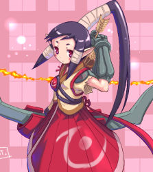 Rule 34 | 1girl, archery, bow (weapon), elbow gloves, elf, gloves, hair tubes, kyuudou, long hair, otter kawauso, pointy ears, ponytail, purple hair, red eyes, skirt, solo, weapon