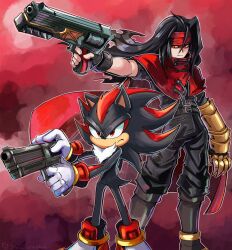 Rule 34 | 2boys, absurdres, bandana, black hair, cape, claws, color connection, commentary, crossover, english commentary, final fantasy, final fantasy vii, frown, furry, gloves, gun, highres, holding, holding gun, holding weapon, looking to the side, male focus, multiple boys, red eyes, sega, shadow the hedgehog, sonic (series), sonic adventure 2, square enix, standing, stoic seraphim, trait connection, vincent valentine, weapon