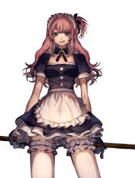 Rule 34 | 1girl, apron, blush, bow, choker, collar, dress, frilled thighhighs, frills, gloves, hair bow, long hair, maid, maid apron, maid headdress, original, pink eyes, pink hair, puffy sleeves, ribbon, side ponytail, sidelocks, simple background, smile, solo, staff, thighhighs, tongue, tongue out, tsukioka tsukiho, weapon, white background, zettai ryouiki