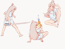 Rule 34 | 1girl, ahoge, bare legs, barefoot, blush, brown eyes, chinese commentary, commentary request, feet, full body, hair between eyes, highres, holding, holding sword, holding weapon, katana, legs apart, long hair, looking at viewer, multicolored hair, multiple views, no pants, off shoulder, onii-chan wa oshimai!, oversized clothes, oversized shirt, oyama mahiro, pink hair, shirt, short sleeves, simple background, single bare shoulder, sword, t-shirt, two-tone hair, w, water gun, weapon, white shirt, ziyan yi