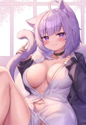 Rule 34 | 1girl, :3, absurdres, ahoge, animal ear fluff, animal ears, black cardigan, blush, breast pocket, breasts, cardigan, cat ears, cat girl, cat tail, cleavage, closed mouth, collar, deaver, hand on own chest, highres, hololive, indoors, knee up, large breasts, long sleeves, navel, nekomata okayu, nekomata okayu (oversized shirt), no bra, no panties, official alternate costume, open cardigan, open clothes, open shirt, partially unbuttoned, pocket, purple eyes, purple hair, short hair, sitting, sleeves past wrists, smile, solo, tail, virtual youtuber